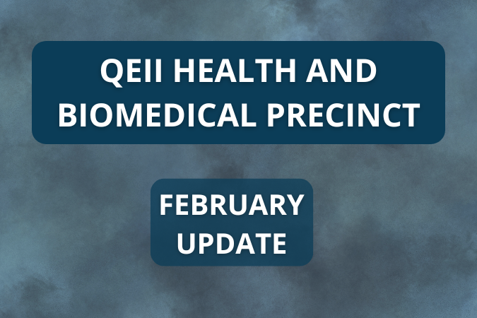 A dark blue graphic for the February QEII stakeholder update