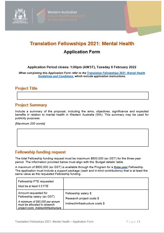 Translation Fellowships 2021 - Mental Health Application Form cover page