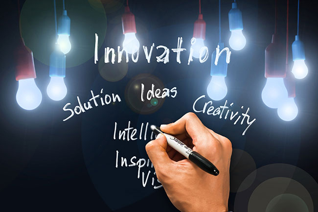 Word cloud image: Innovation, Solution, Ideas, Creativity.